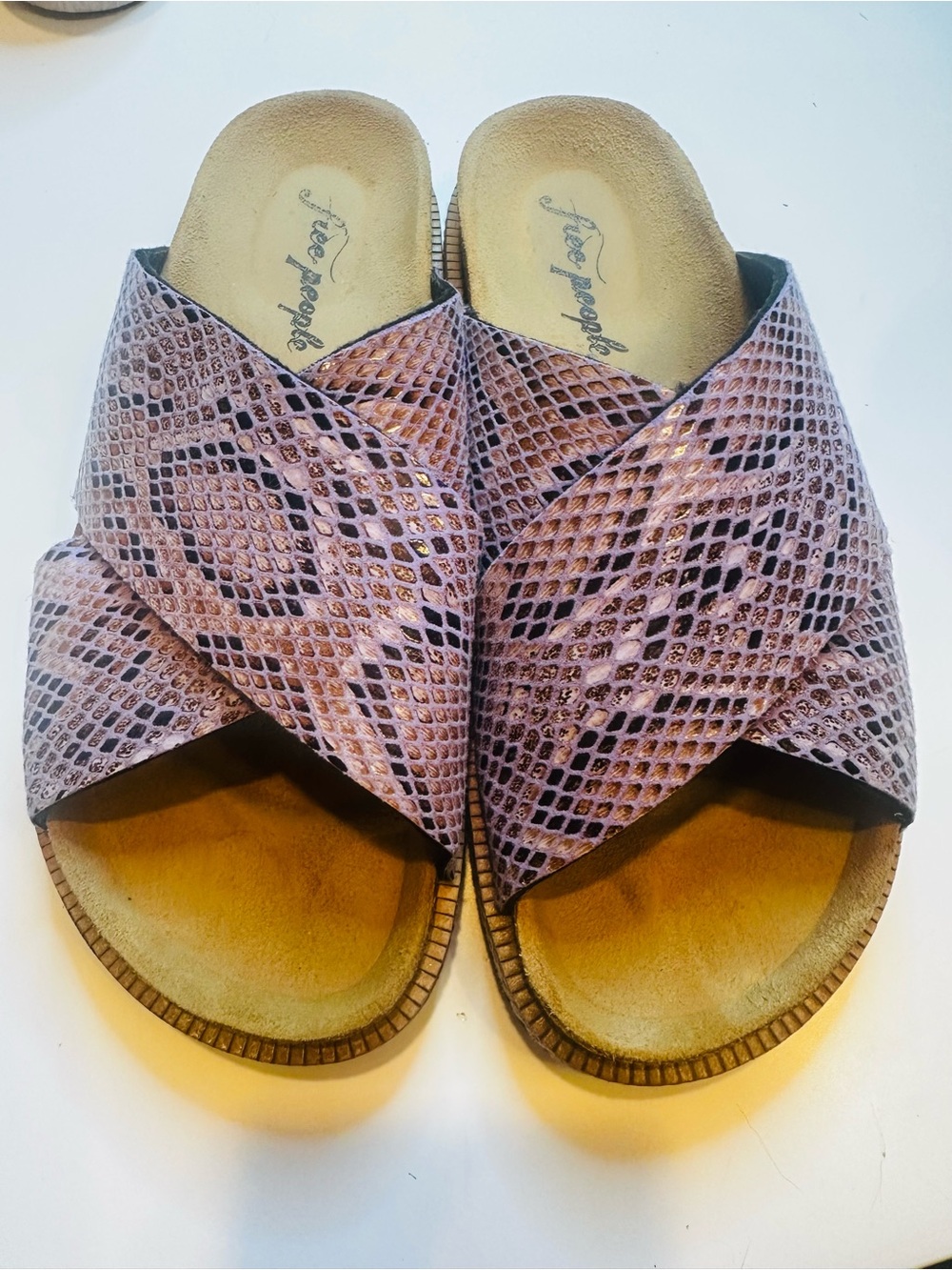 Free People Mauve Snake-Print Crisscross Slide Sandals